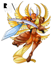 Size: 579x739 | Tagged: safe, artist:allocen, applejack, patamon, seraph, equestria girls, g4, angemon, armor, armor skirt, clothes, cosplay, costume, crossover, digimon, element of honesty, fusion, genesismon, multiple wings, seraphimon, simple background, skirt, sword, transparent background, weapon