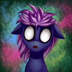 Size: 3000x3000 | Tagged: safe, artist:setharu, oc, oc only, pony, abstract background, blank eyes, bust, cheek fluff, ear fluff, female, floppy ears, high res, looking at you, mare, open mouth, sitting, solo, white eyes, wide eyes