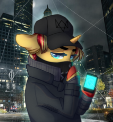 Size: 1024x1103 | Tagged: safe, artist:sannykat, sunset shimmer, pony, unicorn, g4, bandana, bipedal, cellphone, city, clothes, coat, crossover, female, hat, looking at you, mare, phone, solo, watch dogs