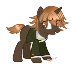 Size: 848x801 | Tagged: safe, artist:pastelbluepetals, pony, unicorn, chihiro fujisaki, clothes, colored pupils, danganronpa, eye clipping through hair, hair over eyes, male, ponified, shy, simple background, solo, stallion, transparent background, trap, vest