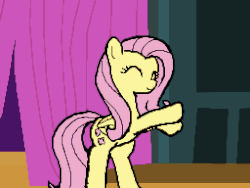 Size: 512x384 | Tagged: safe, artist:astevenamedwolf, color edit, colorist:thepristineeye, edit, fluttershy, pegasus, pony, g4, animated, bipedal, colored, cute, dancing, eyes closed, female, flipnote, flipnote studio, folded wings, frame by frame, gif, hoofy-kicks, mare, shyabetes, smiling, solo, wings