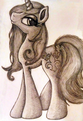 Size: 1626x2381 | Tagged: safe, artist:moonsheid, fleur-de-lis, pony, unicorn, g4, bedroom eyes, cute, dock, female, looking back, monochrome, pencil, pencil drawing, simple background, solo, tail, traditional art