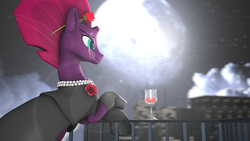 Size: 1280x720 | Tagged: safe, artist:jachau, fizzlepop berrytwist, tempest shadow, pony, unicorn, g4, my little pony: the movie, 3d, alcohol, broken horn, clothes, cute, dress, evening gloves, eye scar, female, flower, glass, gloves, horn, lens flare, long gloves, mare, moon, rose, scar, solo, source filmmaker, tempestbetes, wine
