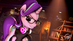 Size: 7680x4320 | Tagged: safe, artist:calveen, starlight glimmer, trixie, pony, unicorn, g4, 3d, absurd resolution, baseball, baseball bat, beats by dr dre, book, bookshelf, box, castle of the royal pony sisters, clothes, female, fire, glasses, headphones, jacket, keyboard, ladder, lamborghini, library, looking at you, macintosh (computer), mare, raised hoof, rolex watch, slasher smile, smiling, source filmmaker, sports, watch