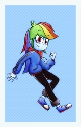 Size: 2012x3156 | Tagged: safe, artist:mustachedbain, rainbow dash, equestria girls, g4, clothes, coat, converse, female, high res, multicolored hair, pants, scarf, shoes, smiling, sneakers, solo