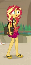 Size: 1440x3057 | Tagged: safe, screencap, sunset shimmer, equestria girls, equestria girls specials, g4, my little pony equestria girls: better together, my little pony equestria girls: forgotten friendship, beach, bikini, clothes, cropped, feet, female, flip-flops, legs, midriff, sandals, sarong, solo, summer sunset, swimsuit