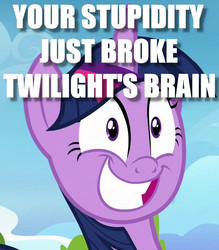 Size: 586x668 | Tagged: safe, edit, edited screencap, screencap, twilight sparkle, alicorn, pony, g4, top bolt, female, grin, image macro, insanity, meme, mind break, reaction image, smiling, solo, this will end in tears, twilight snapple, twilight sparkle (alicorn)