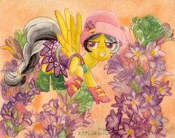 Size: 3375x2668 | Tagged: safe, artist:kelseyleah, daring do, pegasus, pony, g4, boots, clothes, dress, female, flower, glare, grin, hat, high res, lidded eyes, mare, raised hoof, shoes, smiling, smirk, solo, spread wings, traditional art, tuberose, watercolor painting, wings