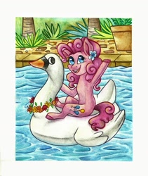 Size: 1403x1663 | Tagged: safe, artist:twixyamber, pinkie pie, earth pony, pony, g4, cute, diapinkes, female, flower, flower in hair, inflatable, inflatable bird, inflatable float, inflatable swan, inflatable toy, mare, pool toy, riding, solo, swimming pool, traditional art, water