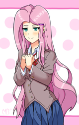 Size: 700x1099 | Tagged: safe, artist:sonikku001, fluttershy, human, g4, clothes, crossover, doki doki literature club!, female, humanized, polka dot background, school uniform, solo, yuri (ddlc), yurishy