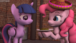 Size: 3840x2160 | Tagged: safe, artist:goatcanon, pinkie pie, twilight sparkle, alicorn, pony, g4, 3d, alley, duo, food, high res, plate, sombrero, source filmmaker, taco, they're just so cheesy, twilight sparkle (alicorn)