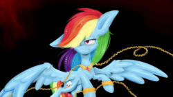 Size: 3309x1861 | Tagged: safe, artist:lixthefork, rainbow dash, pony, g4, angry, chains, cuffs, element of loyalty, female, one layer, solo