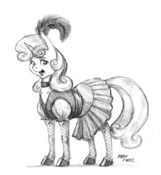 Size: 1100x1192 | Tagged: safe, artist:baron engel, sweetie belle, pony, unicorn, g4, burlesque, clothes, dress, feather in hair, female, filly, fishnet stockings, grayscale, monochrome, pencil drawing, simple background, sketch, smiling, solo, traditional art, white background
