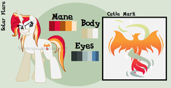 Size: 1079x558 | Tagged: safe, artist:ipandacakes, oc, oc only, oc:solar flare, pony, unicorn, female, mare, offspring, parent:fire streak, parent:sunset shimmer, parents:sunsetstreak, reference sheet, solo