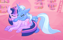 Size: 4001x2582 | Tagged: safe, artist:lionsca, trixie, twilight sparkle, pony, g4, book, cuddling, cute, diatrixes, female, golden oaks library, ladder, lesbian, mare, prone, ship:twixie, shipping, sleeping, smiling, twiabetes