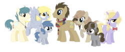 Size: 1344x563 | Tagged: safe, artist:gallantserver, derpy hooves, dinky hooves, doctor whooves, time turner, oc, oc:ocean ace, oc:praline, oc:whistle wings, unnamed oc, earth pony, pegasus, pony, unicorn, g4, bowtie, clothes, female, filly, half-siblings, male, offspring, older, parent:derpy hooves, parent:doctor whooves, parent:feather bangs, parents:derpybangs, parents:doctorderpy, scarf, ship:doctorderpy, shipping, simple background, stallion, straight, transparent background