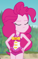 Size: 700x1080 | Tagged: safe, screencap, pinkie pie, equestria girls, equestria girls specials, g4, my little pony equestria girls: better together, my little pony equestria girls: forgotten friendship, clothes, cropped, female, geode of sugar bombs, hand on hip, magical geodes, pinkie pie swimsuit, solo, swimsuit