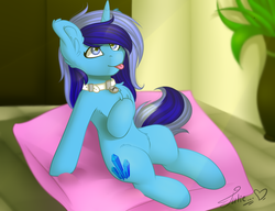 Size: 2600x2000 | Tagged: source needed, safe, artist:julie, oc, oc only, oc:spacelight, pony, unicorn, collar, female, high res, horn, mare, pet tag, pillow, pony pet, solo, tongue out, unicorn oc