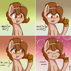 Size: 2056x2056 | Tagged: safe, artist:dsp2003, oc, oc only, oc:brownie bun, earth pony, pony, comic, cute, eyes closed, female, food, high res, loss (meme), mare, muffin, ocbetes, open mouth, temptation