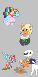 Size: 1000x2000 | Tagged: safe, artist:shortcake1284, applejack, rainbow dash, rarity, pony, g4, alternate hairstyle, applejack also dresses in style, clothes, dress, forced makeover, gray background, magic, makeover, makeup, mud, rainbow dash always dresses in style, ruff (clothing), simple background