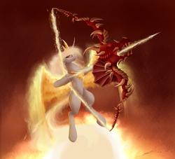 Size: 3300x3000 | Tagged: safe, artist:skitsroom, princess celestia, alicorn, pony, g4, arrow, bow (weapon), bow and arrow, curved horn, female, fire, high res, horn, mare, solo, sun, weapon, wings