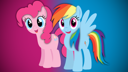 Size: 1366x768 | Tagged: safe, artist:4ourletters, pinkie pie, rainbow dash, pony, g4, duo, gradient background, lineless