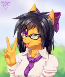 Size: 900x1073 | Tagged: safe, artist:margony, oc, oc only, oc:quick bullet, anthro, anthro oc, bow, clothes, female, glasses, hair bow, mare, peace sign, shirt, smiling, solo, tongue out