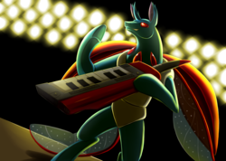 Size: 3532x2512 | Tagged: safe, artist:heart-of-a-dragoness, oc, oc only, oc:vertexthechangeling, changedling, changeling, changedling oc, changeling oc, concert, gig, guitar, high res, keytar, musical instrument, playing instrument, smiling, solo, stage, stage light