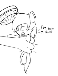 Size: 2831x3684 | Tagged: safe, artist:lofis, oc, oc only, oc:mint chocolate, pony, brush, grabbed, hand, high res, holding a pony, micro, monochrome, speech, squeezing, stressed, tiny, tiny ponies