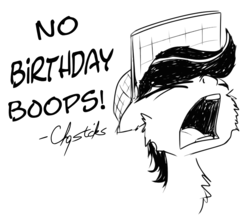 Size: 1000x872 | Tagged: safe, artist:chopsticks, oc, oc only, oc:chopsticks, pegasus, pony, birthday, boop, boop denied, clothes, cute, dialogue, hat, madorable, male, monochrome, sketch, solo, yelling