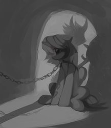 Size: 2276x2621 | Tagged: safe, artist:lispp, twilight sparkle, pony, unicorn, g4, chained, chains, curved horn, female, high res, horn, mare, monochrome, prisoner, shadow, sitting