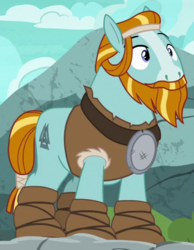 Size: 435x560 | Tagged: safe, screencap, rockhoof, earth pony, pony, campfire tales, g4, beard, clothes, cropped, facial hair, headband, male, mighty helm, solo, stallion, tail wrap