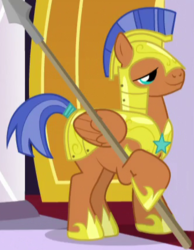 Size: 334x430 | Tagged: safe, screencap, spearhead, pegasus, pony, g4, rarity investigates, armor, cropped, male, pegasus royal guard, royal guard, royal guard armor, solo, spear, stallion, weapon
