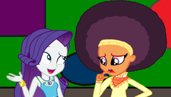 Size: 2000x1139 | Tagged: safe, artist:thebarsection, edit, editor:ktd1993, rarity, saffron masala, equestria girls, g4, afro, conversation, equestria girls-ified, female, lesbian, raffron, shipping