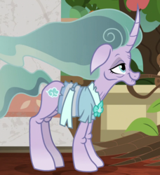 Size: 850x934 | Tagged: safe, screencap, mistmane, pony, campfire tales, g4, clothes, cropped, curved horn, elf ears, female, horn, solo