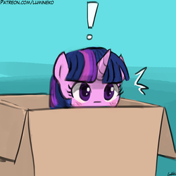 Size: 750x750 | Tagged: safe, artist:lumineko, twilight sparkle, pony, g4, behaving like a cat, blushing, box, cardboard box, caught, cute, exclamation point, female, lumineko is trying to murder us, mare, metal gear, pony in a box, solo, twiabetes, twilight cat