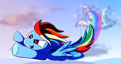 Size: 4096x2160 | Tagged: safe, artist:sweetbrew, rainbow dash, pegasus, pony, g4, cloudsdale, female, flying, rainbow trail, sky, smiling, solo, spread wings, wings