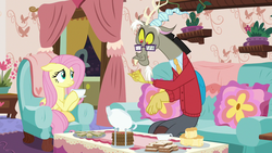 Size: 1280x720 | Tagged: safe, screencap, discord, fluttershy, draconequus, pony, discordant harmony, g4, clothes, cup, fading, falling, food, glasses, milk toast, sandwich, sweater, teacup, teapot