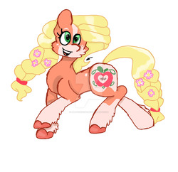 Size: 1024x991 | Tagged: safe, artist:mlpsonic156, applejack, earth pony, pony, g4, applejack (g5 concept leak), female, flower, flower in hair, flower in tail, g5 concept leak style, g5 concept leaks, mare, open mouth, simple background, solo, watermark, white background