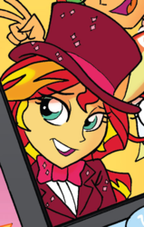 Size: 397x625 | Tagged: safe, artist:tony fleecs, idw, official comic, sunset shimmer, equestria girls, g4, spoiler:comic, spoiler:comicholiday2014, bowtie, clothes, cropped, female, hat, solo focus, top hat, tuxedo