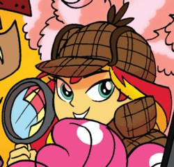 Size: 469x451 | Tagged: safe, artist:tony fleecs, idw, pinkie pie, sunset shimmer, equestria girls, g4, spoiler:comic, spoiler:comicholiday2014, clothes, cosplay, costume, cropped, deerstalker, detective, detective shimmer, hat, magnifying glass, sherlock holmes, sherlock shimmer