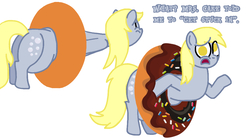 Size: 1024x575 | Tagged: source needed, safe, artist:jamesawilliams1996, derpy hooves, pony, g4, aderpose, chocolate, confused, donut, fat, female, food, pulling, silly, silly pony, solo, stuck