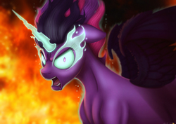 Size: 2315x1637 | Tagged: dead source, safe, artist:jeki, sci-twi, twilight sparkle, alicorn, pony, g4, angry, equestria girls ponified, female, fire, glowing eyes, glowing horn, horn, looking at you, magic, mare, midnight sparkle, open mouth, ponified, solo, twilight sparkle (alicorn), wings
