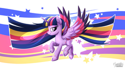 Size: 1920x1080 | Tagged: safe, artist:mysticalpha, twilight sparkle, alicorn, pony, g4, 16:9, abstract background, colored wings, ear fluff, female, horn, lightly watermarked, long hair, long mane, long tail, looking at you, looking sideways, mare, multicolored hair, multicolored wings, rainbow hair, rainbow power, rainbow tail, signature, solo, stars, striped mane, striped tail, tail, tattoo, twilight sparkle (alicorn), wallpaper, watermark, wings