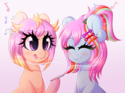 Size: 2958x2186 | Tagged: safe, artist:fluffymaiden, oc, oc only, oc:rhythm glitch, oc:starshine beat, pony, commission, cute, duo, earbuds, eyes closed, female, happy, high res, listening, listening to music, mare, music, music notes, ocbetes, open mouth, sharing, sharing headphones, smiling
