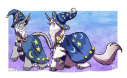 Size: 1024x633 | Tagged: safe, artist:inuhoshi-to-darkpen, star swirl the bearded, classical unicorn, pony, unicorn, g4, alternate design, beard, clothes, cloven hooves, facial hair, hat, horn, leonine tail, looking at each other, male, self ponidox, stallion, unshorn fetlocks, wizard, wizard hat