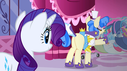 Size: 1280x720 | Tagged: safe, screencap, rarity, sapphire shores, pony, a dog and pony show, g4, blank flank, butt, eyes on the prize, female, looking at butt, mare, plot