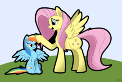 Size: 3496x2362 | Tagged: safe, artist:taurson, fluttershy, rainbow dash, pegasus, pony, g4, female, high res, mare, size difference, smiling, smoldash, tallershy, unamused