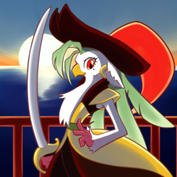 Size: 1000x1000 | Tagged: safe, artist:unousaya, captain celaeno, bird, ornithian, anthro, g4, my little pony: the movie, arms, belt, chest fluff, ear piercing, earring, feather, female, hat, jewelry, looking at you, ocean, piercing, pirate hat, saber, solo, sun, weapon