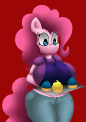 Size: 1000x1414 | Tagged: safe, artist:kingshadow, pinkie pie, earth pony, anthro, g4, apron, big breasts, breasts, busty pinkie pie, clothes, cupcake, female, food, huge breasts, jeans, pants, shirt, solo, wide hips